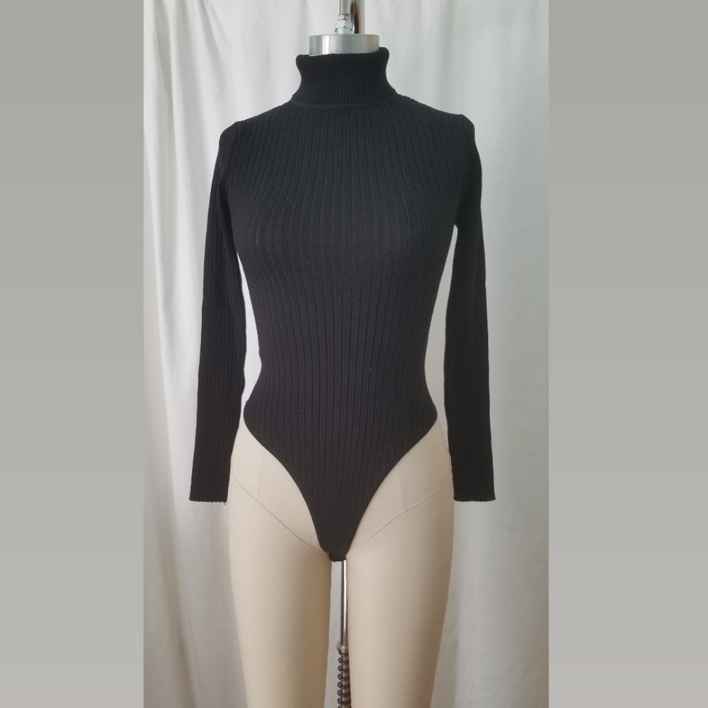 Rib Knit Turtleneck Bodysuit (Black)